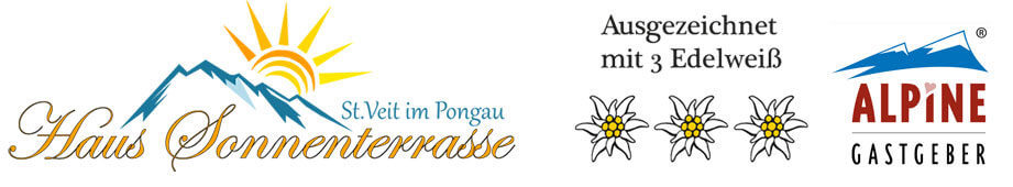 Logo des Haus Sonnenterrasse in St. Veit im Pongau mit Auszeichnung und alpinem Design.